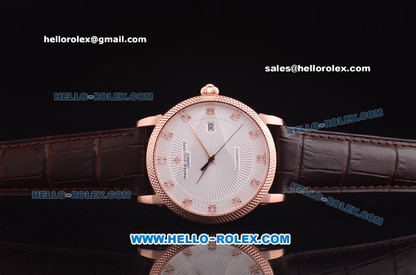 Patek Philippe Swiss ETA 2824 Automatic Rose Gold Case with White Dial and Brown Leather Strap - Click Image to Close